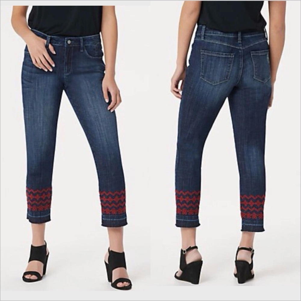 Laurie Felt Women's Classic Denim Stiletto Jeans with Embroidered raw Hem sz10